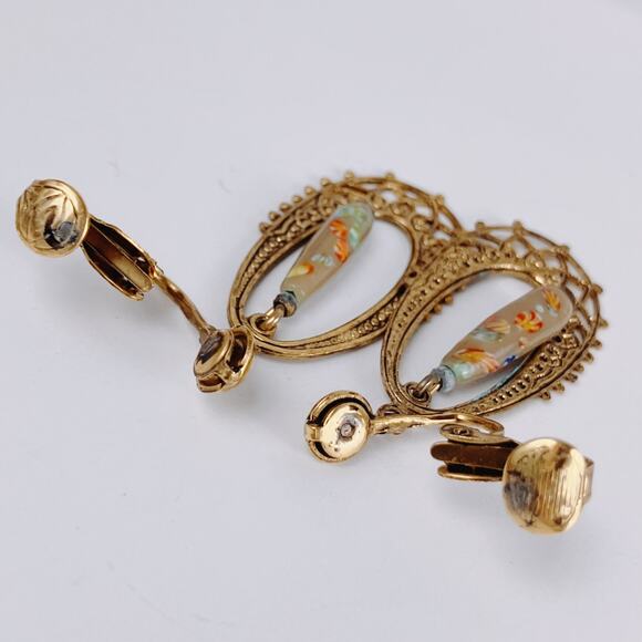 Vintage Mid Century Clip On Earrings Millefiori Art Glass Filigree Gold Tone - Picture 8 of 9